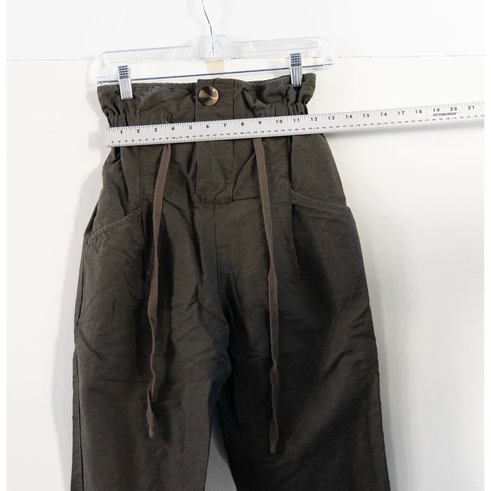Zara Women Super High Waisted Paper bag Linen Blend Pant Green size XS